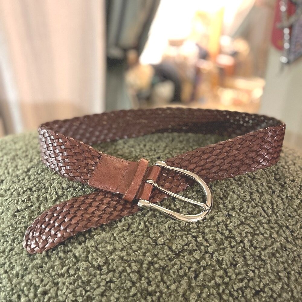 Michael Kors Braided Woven Leather Brown Belt w/silver buckle Size SM‎ (29")